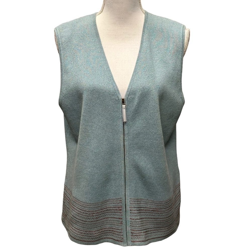 WOOLRICH Blue Zip Up Sleeveless Knit Vest V Neck Rust Color Embellishment Size L